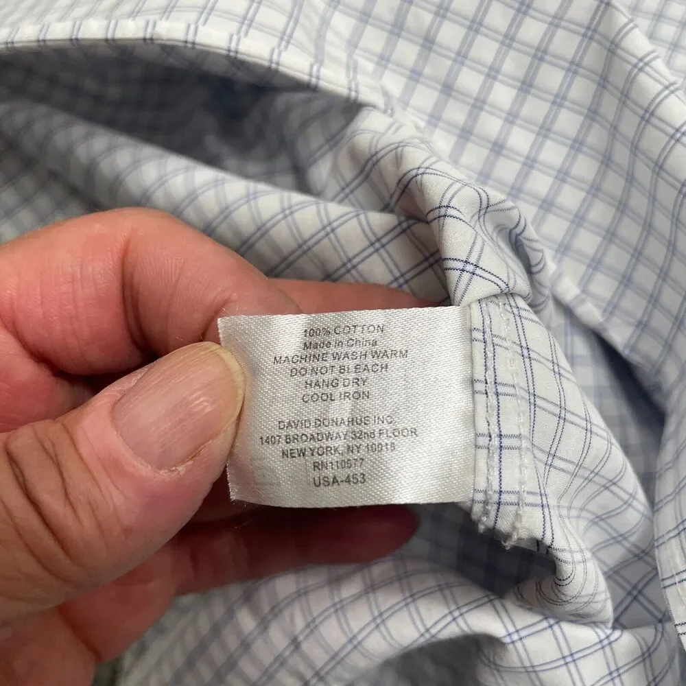 David Donahue Shirt Adult 17 34/35 White Blue Plaid Dress Workwear Cotton Mens - Picture 6 of 8